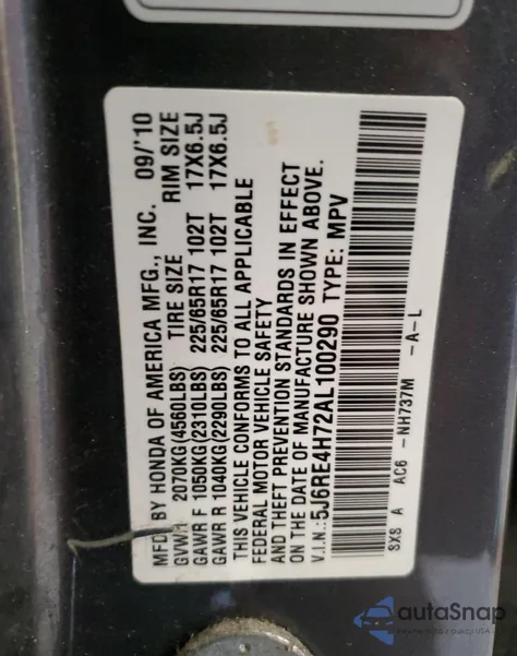 2010 Honda Cr-V Exl from USA, damaged, VIN 5J6RE4H72AL100290